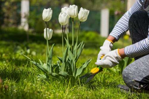 Gardener working in a Greenwich front garden with tools and safety gear